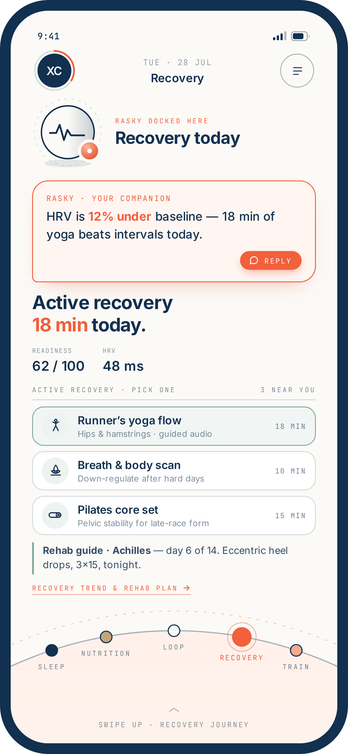 RunRask concept UI — Recovery
